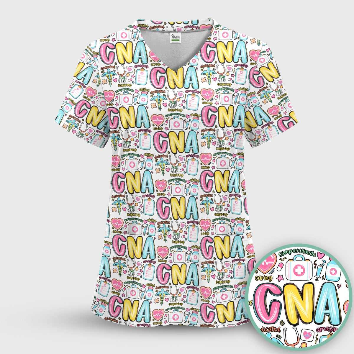 CNA Nurse Appreciation Pattern Scrub Top, Breathable Fabrics Nursing Uniform
