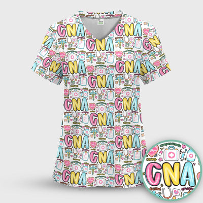 CNA Nurse Appreciation Pattern Scrub Top, Breathable Fabrics Nursing Uniform