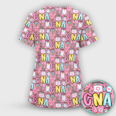CNA Nurse Appreciation Pattern Scrub Top, Breathable Fabrics Nursing Uniform