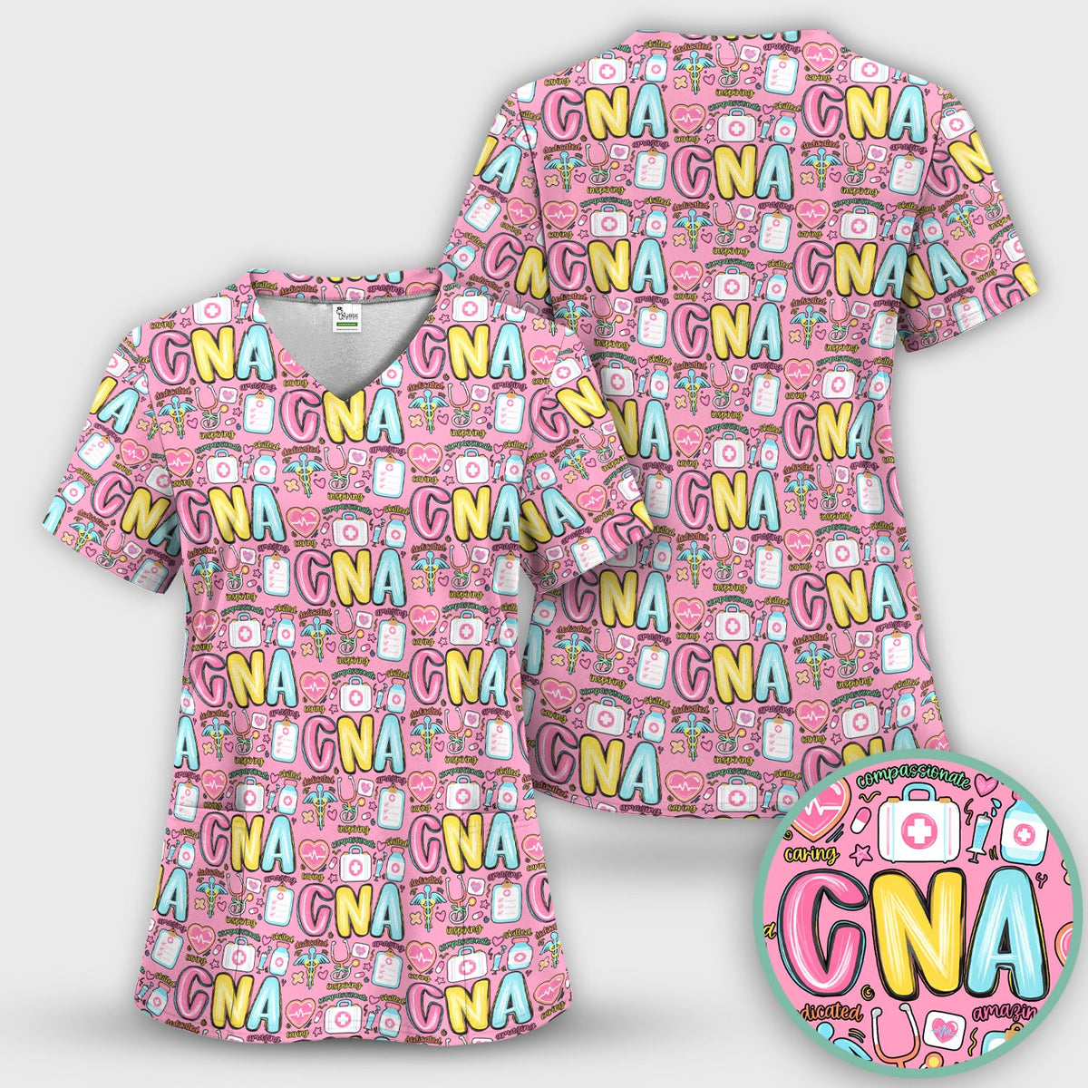CNA Nurse Appreciation Pattern Scrub Top, Breathable Fabrics Nursing Uniform