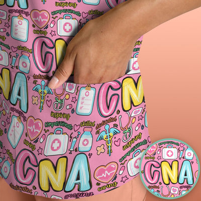 CNA Nurse Appreciation Pattern Scrub Top, Breathable Fabrics Nursing Uniform