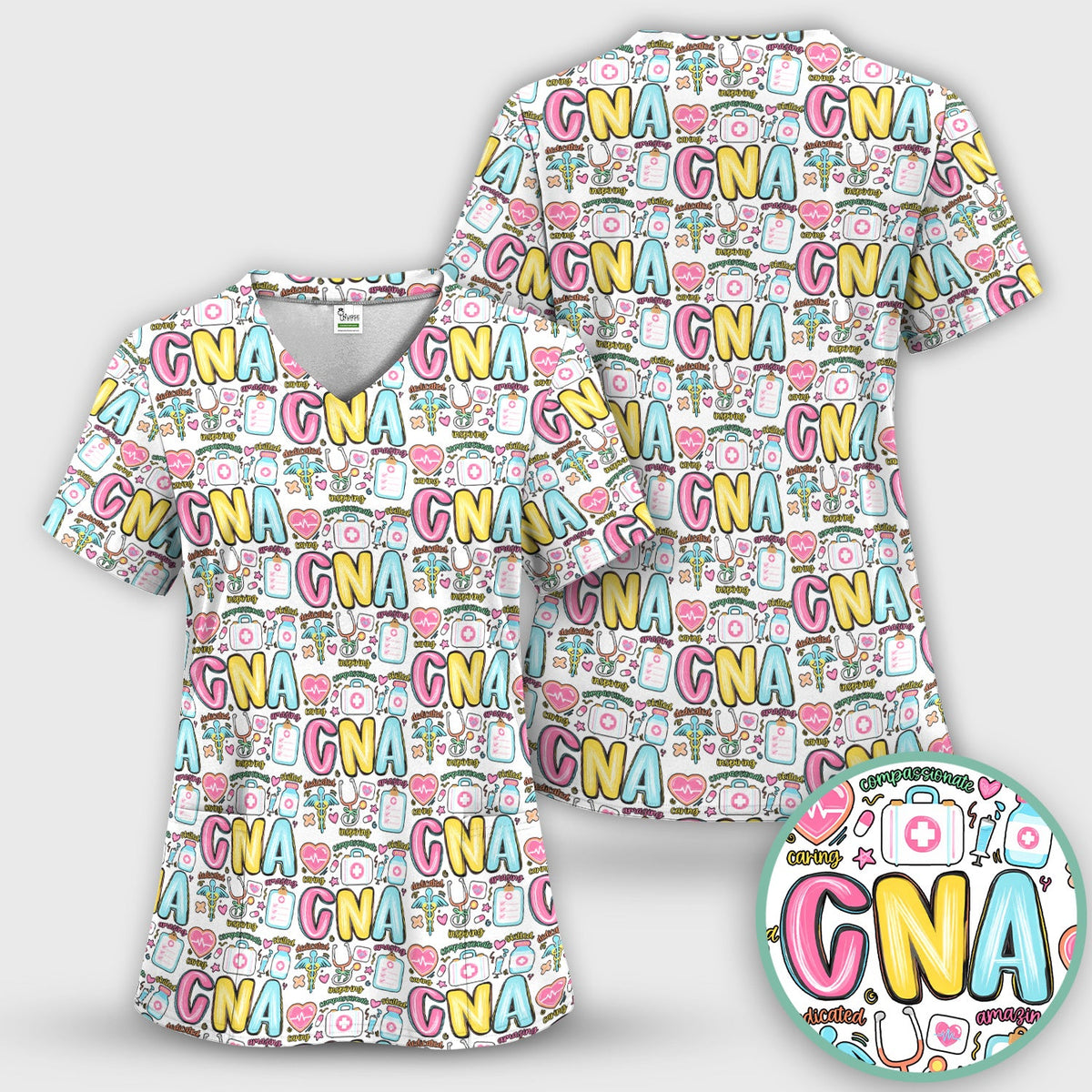 CNA Nurse Appreciation Pattern Scrub Top, Breathable Fabrics Nursing Uniform