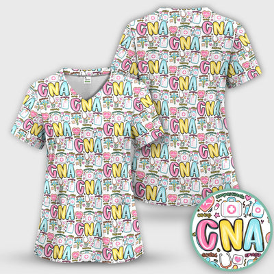 CNA Nurse Appreciation Pattern Scrub Top, Breathable Fabrics Nursing Uniform