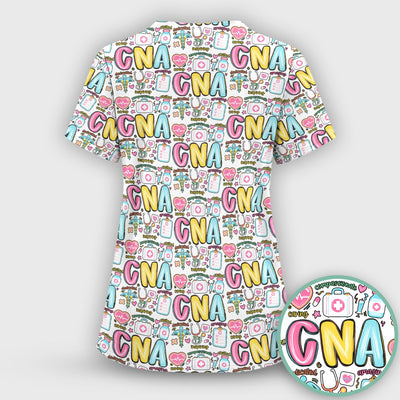 CNA Nurse Appreciation Pattern Scrub Top, Breathable Fabrics Nursing Uniform