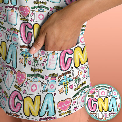 CNA Nurse Appreciation Pattern Scrub Top, Breathable Fabrics Nursing Uniform