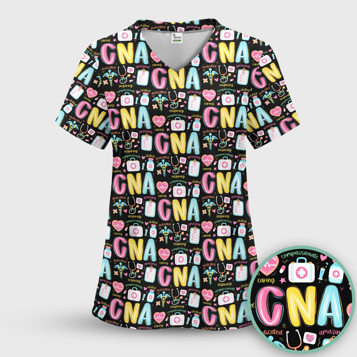 CNA Nurse Appreciation Pattern Scrub Top, Breathable Fabrics Nursing Uniform