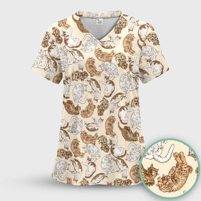 Cute Lazy Cat Nap Pattern Scrub Top, Comfortable Scrubs for Nurses
