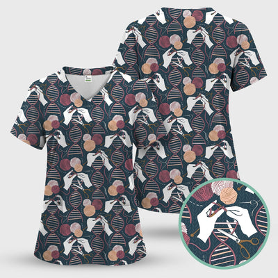 DNA Helix Yarn Pattern Scrub Top, Comfortable Scrubs for Nurses