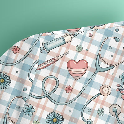 Stethoscope Heart Syringe Floral Plaid Pattern Scrub Top, Comfortable Scrubs for Nurses