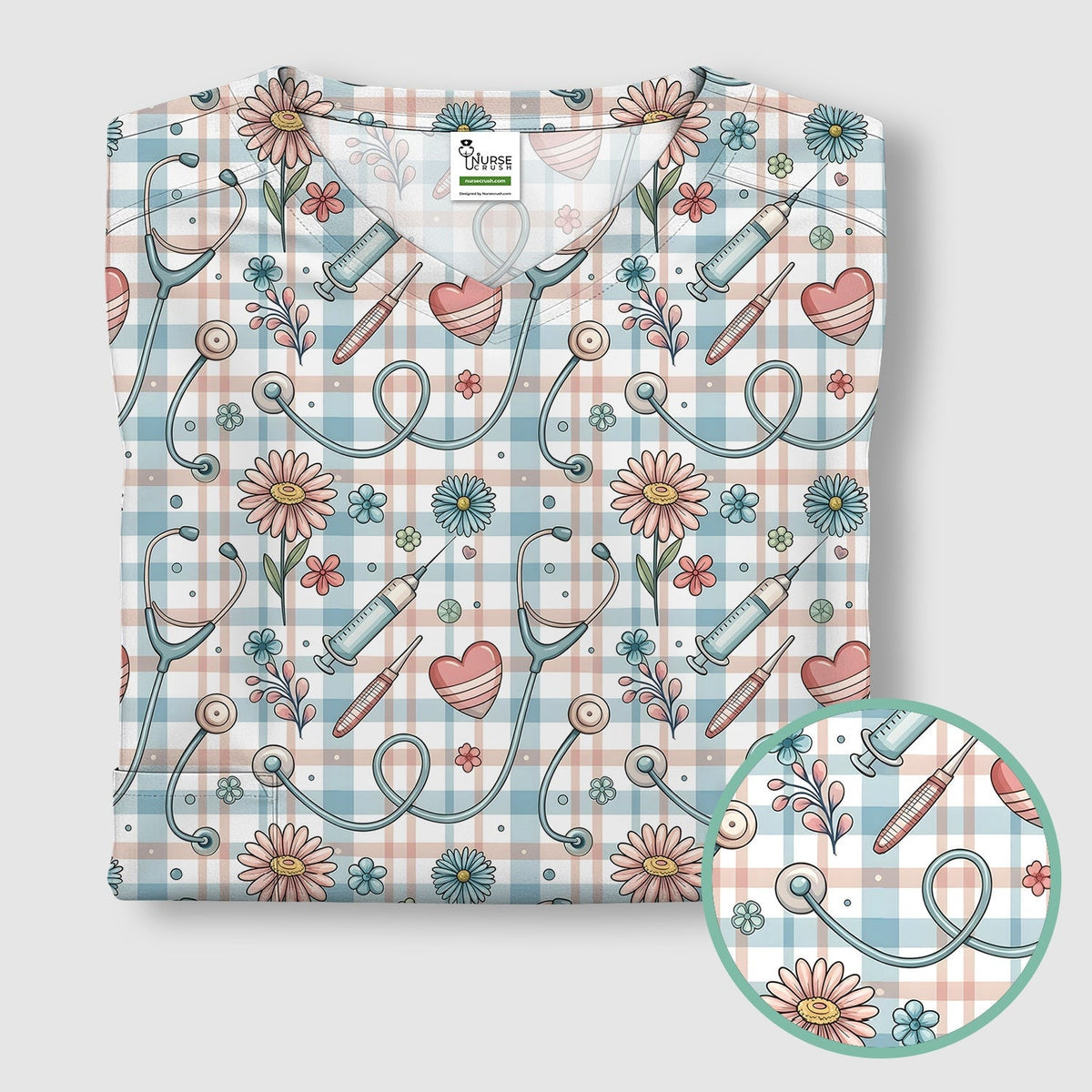 Stethoscope Heart Syringe Floral Plaid Pattern Scrub Top, Comfortable Scrubs for Nurses