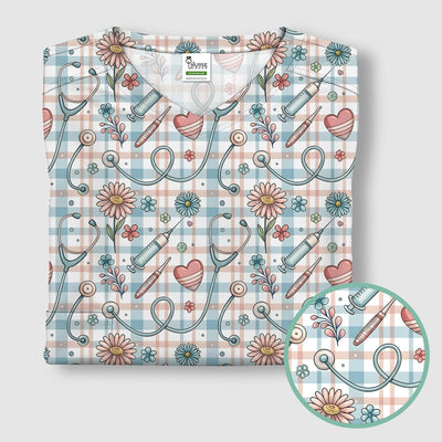 Stethoscope Heart Syringe Floral Plaid Pattern Scrub Top, Comfortable Scrubs for Nurses