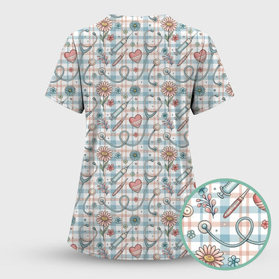 Stethoscope Heart Syringe Floral Plaid Pattern Scrub Top, Comfortable Scrubs for Nurses