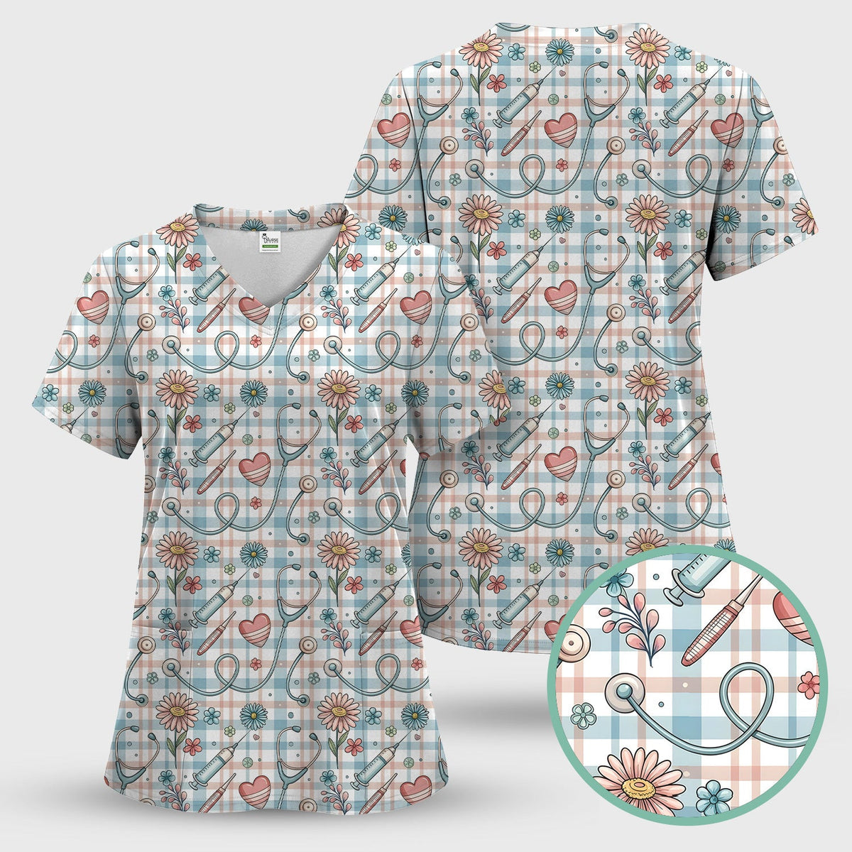 Stethoscope Heart Syringe Floral Plaid Pattern Scrub Top, Comfortable Scrubs for Nurses