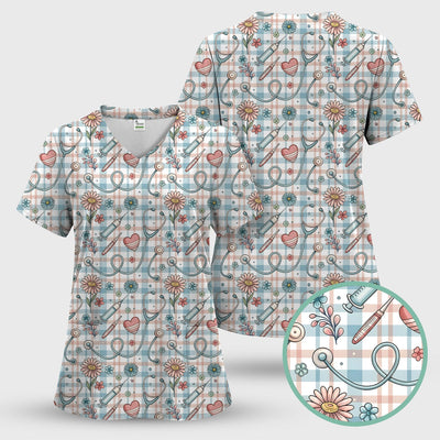 Stethoscope Heart Syringe Floral Plaid Pattern Scrub Top, Comfortable Scrubs for Nurses