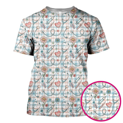 Stethoscope Heart Syringe Floral Plaid Pattern Scrub Top, Comfortable Scrubs for Nurses