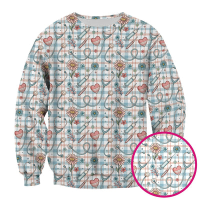 Stethoscope Heart Syringe Floral Plaid Pattern Scrub Top, Comfortable Scrubs for Nurses