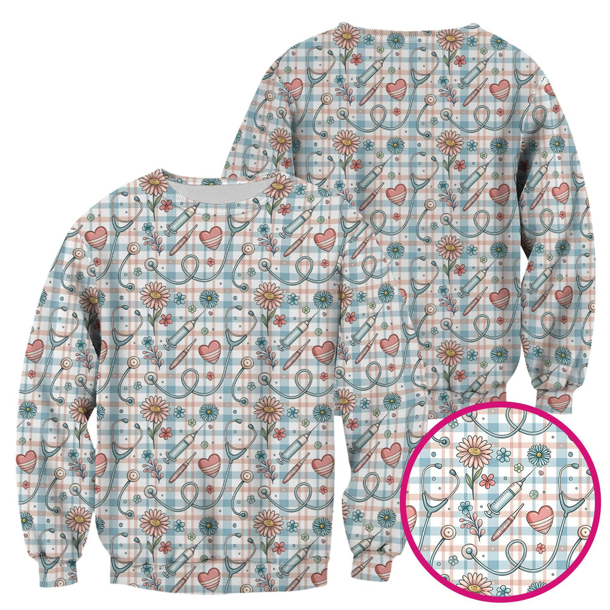 Stethoscope Heart Syringe Floral Plaid Pattern Scrub Top, Comfortable Scrubs for Nurses