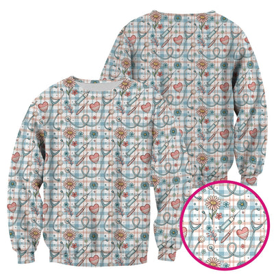 Stethoscope Heart Syringe Floral Plaid Pattern Scrub Top, Comfortable Scrubs for Nurses