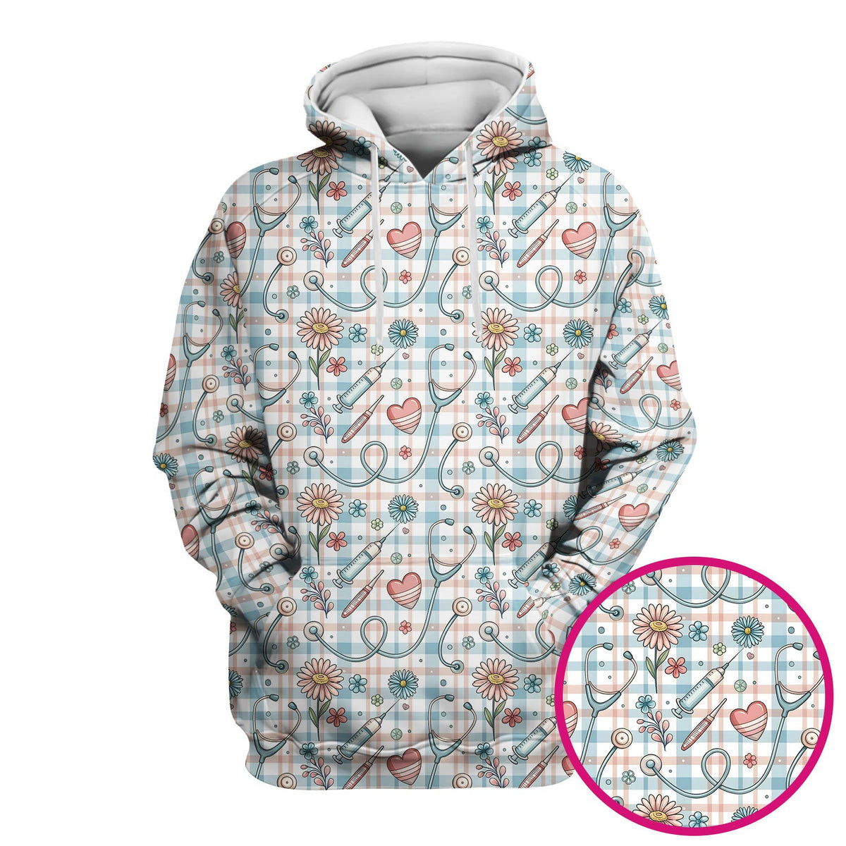 Stethoscope Heart Syringe Floral Plaid Pattern Scrub Top, Comfortable Scrubs for Nurses