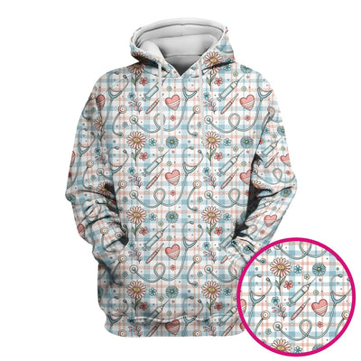 Stethoscope Heart Syringe Floral Plaid Pattern Scrub Top, Comfortable Scrubs for Nurses
