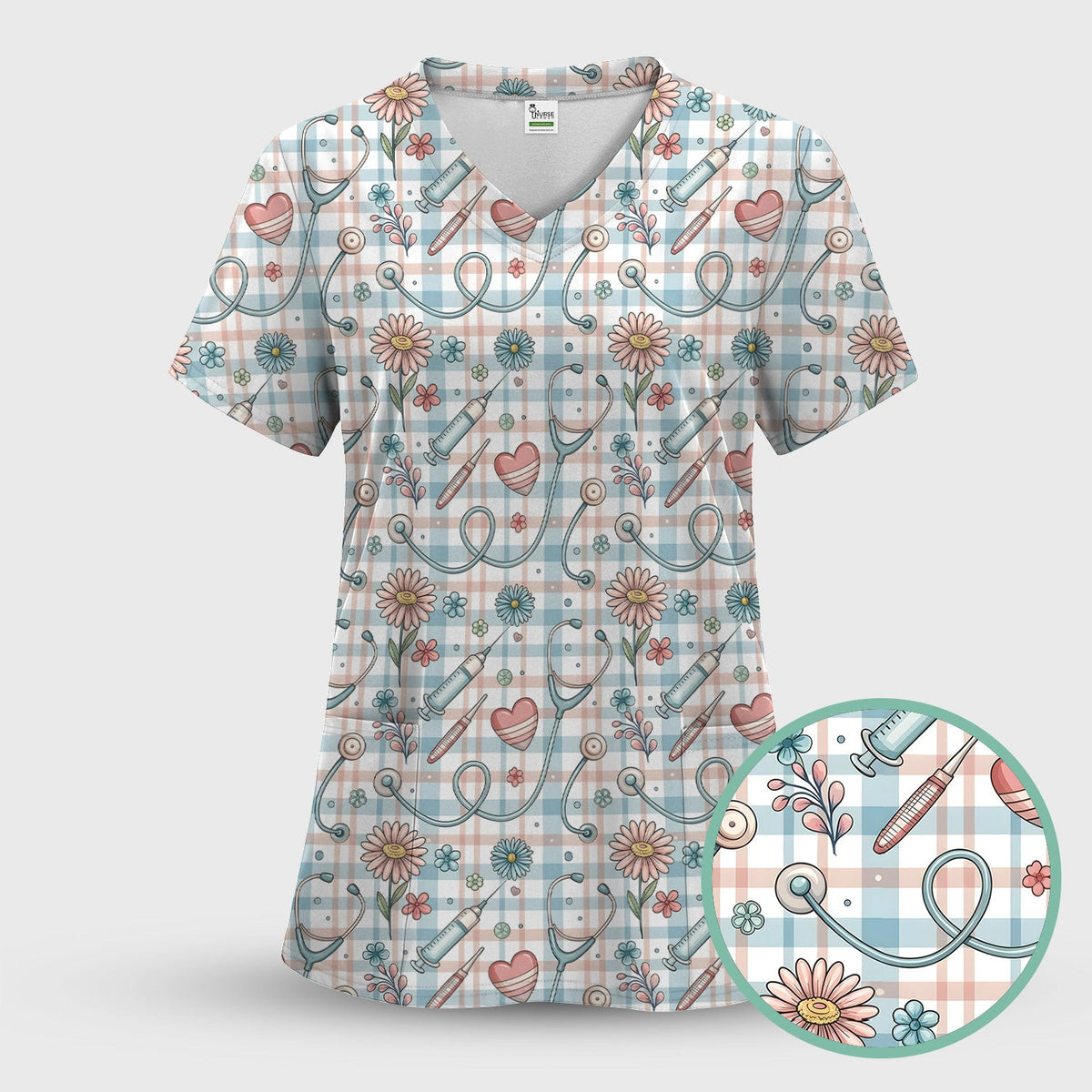 Stethoscope Heart Syringe Floral Plaid Pattern Scrub Top, Comfortable Scrubs for Nurses