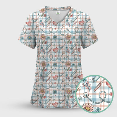 Stethoscope Heart Syringe Floral Plaid Pattern Scrub Top, Comfortable Scrubs for Nurses