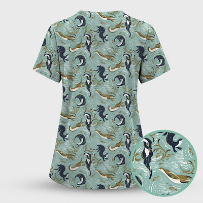 Sea Otter Ocean Wave Coastal Pattern Scrub Top, Comfortable Scrubs for Nurses