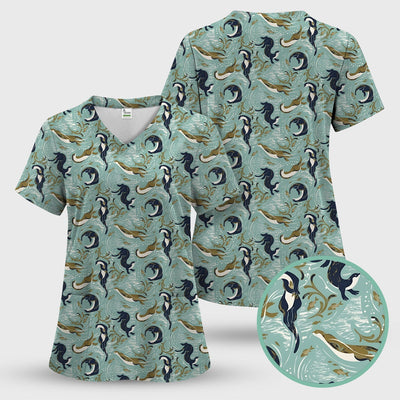Sea Otter Ocean Wave Coastal Pattern Scrub Top, Comfortable Scrubs for Nurses