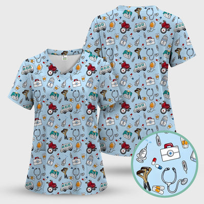 Care Medical Tools & Emergency Transport Pattern Scrub Top, Comfortable Scrubs for Nurses