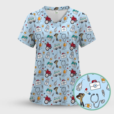 Care Medical Tools & Emergency Transport Pattern Scrub Top, Comfortable Scrubs for Nurses