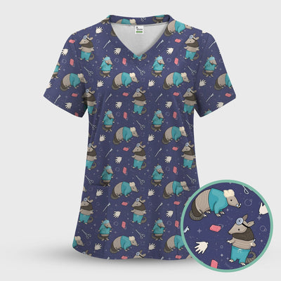Armadillo Doctor Medical Tools Pattern Scrub Top, Comfortable Scrubs for Nurses