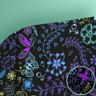 Neon Butterfly and Floral Garden Pattern Scrub Top, Comfortable Scrubs for Nurses