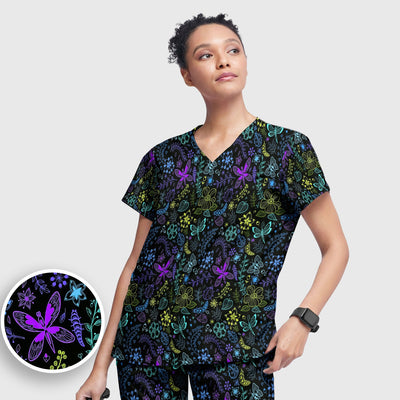 Neon Butterfly and Floral Garden Pattern Scrub Top, Comfortable Scrubs for Nurses
