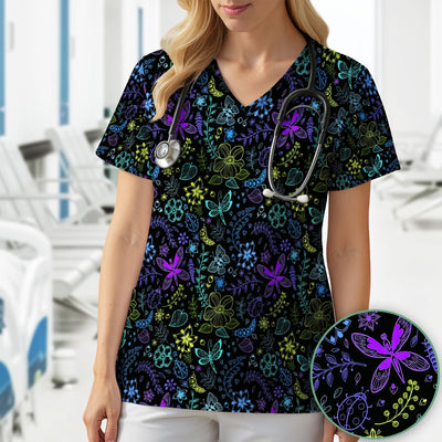 Neon Butterfly and Floral Garden Pattern Scrub Top, Comfortable Scrubs for Nurses