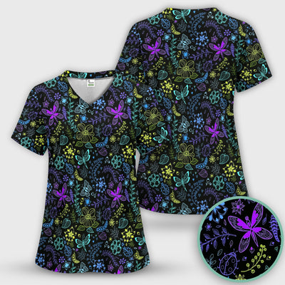 Neon Butterfly and Floral Garden Pattern Scrub Top, Comfortable Scrubs for Nurses