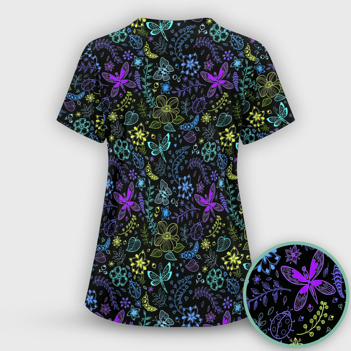 Neon Butterfly and Floral Garden Pattern Scrub Top, Comfortable Scrubs for Nurses