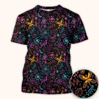 Neon Butterfly and Floral Garden Pattern Scrub Top, Comfortable Scrubs for Nurses