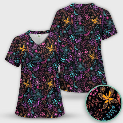 Neon Butterfly and Floral Garden Pattern Scrub Top, Comfortable Scrubs for Nurses