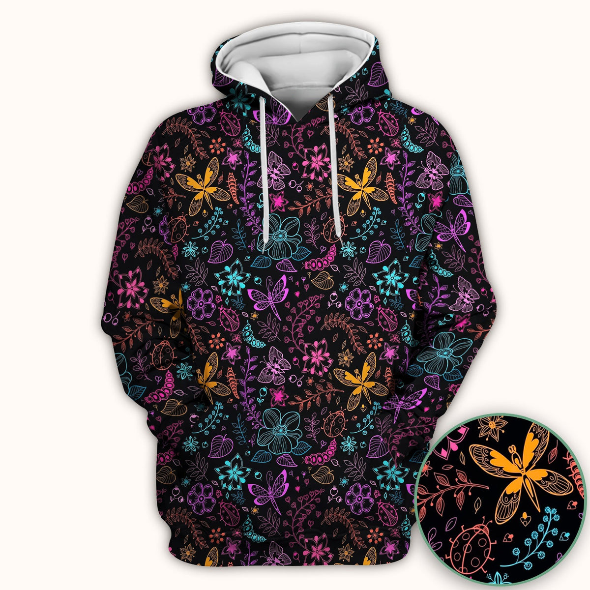 Neon Butterfly and Floral Garden Pattern Scrub Top, Comfortable Scrubs for Nurses