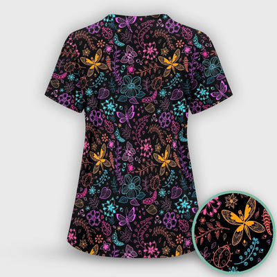 Neon Butterfly and Floral Garden Pattern Scrub Top, Comfortable Scrubs for Nurses