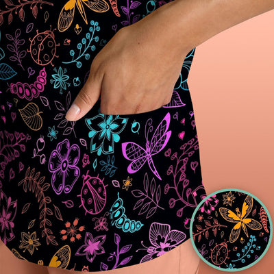 Neon Butterfly and Floral Garden Pattern Scrub Top, Comfortable Scrubs for Nurses