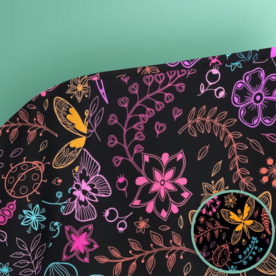 Neon Butterfly and Floral Garden Pattern Scrub Top, Comfortable Scrubs for Nurses