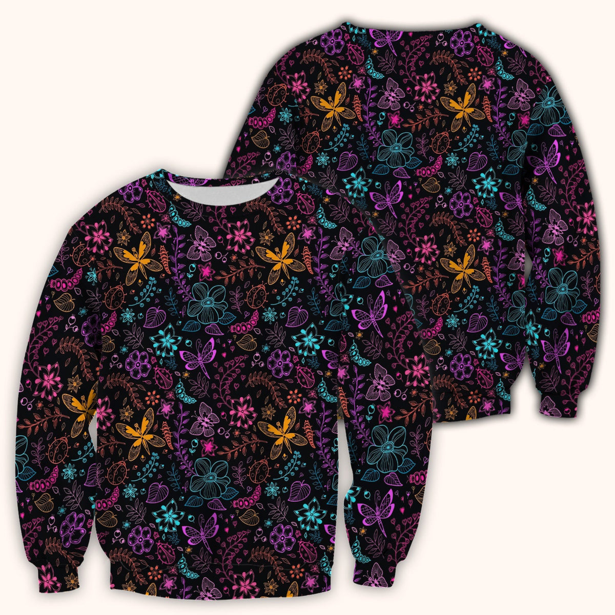 Neon Butterfly and Floral Garden Pattern Scrub Top, Comfortable Scrubs for Nurses