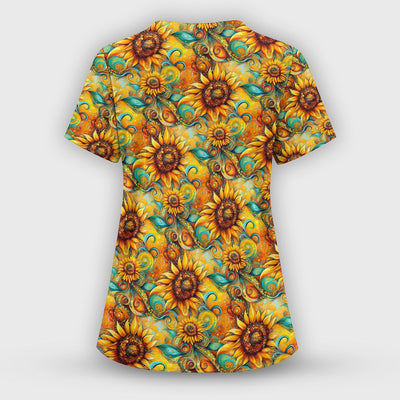 Sunflower Swirl Floral Pattern Scrub Top, Comfortable Scrubs for Nurses
