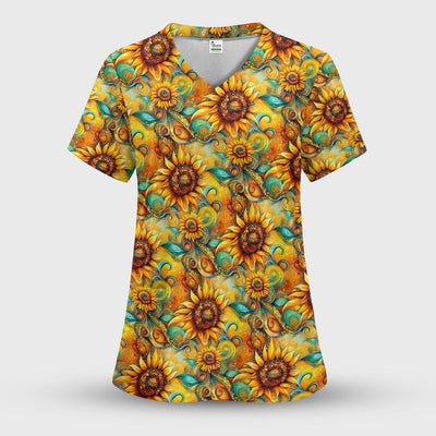 Sunflower Swirl Floral Pattern Scrub Top, Comfortable Scrubs for Nurses
