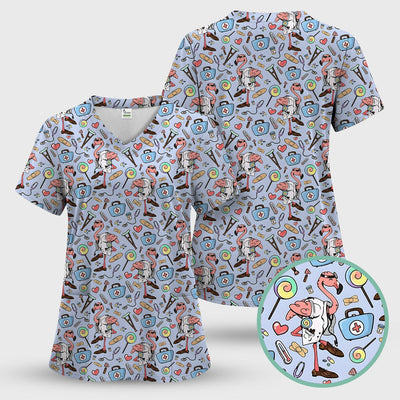 Flamingo Nurse Medical Care Pattern Scrub Top, Comfortable Scrubs for Nurses