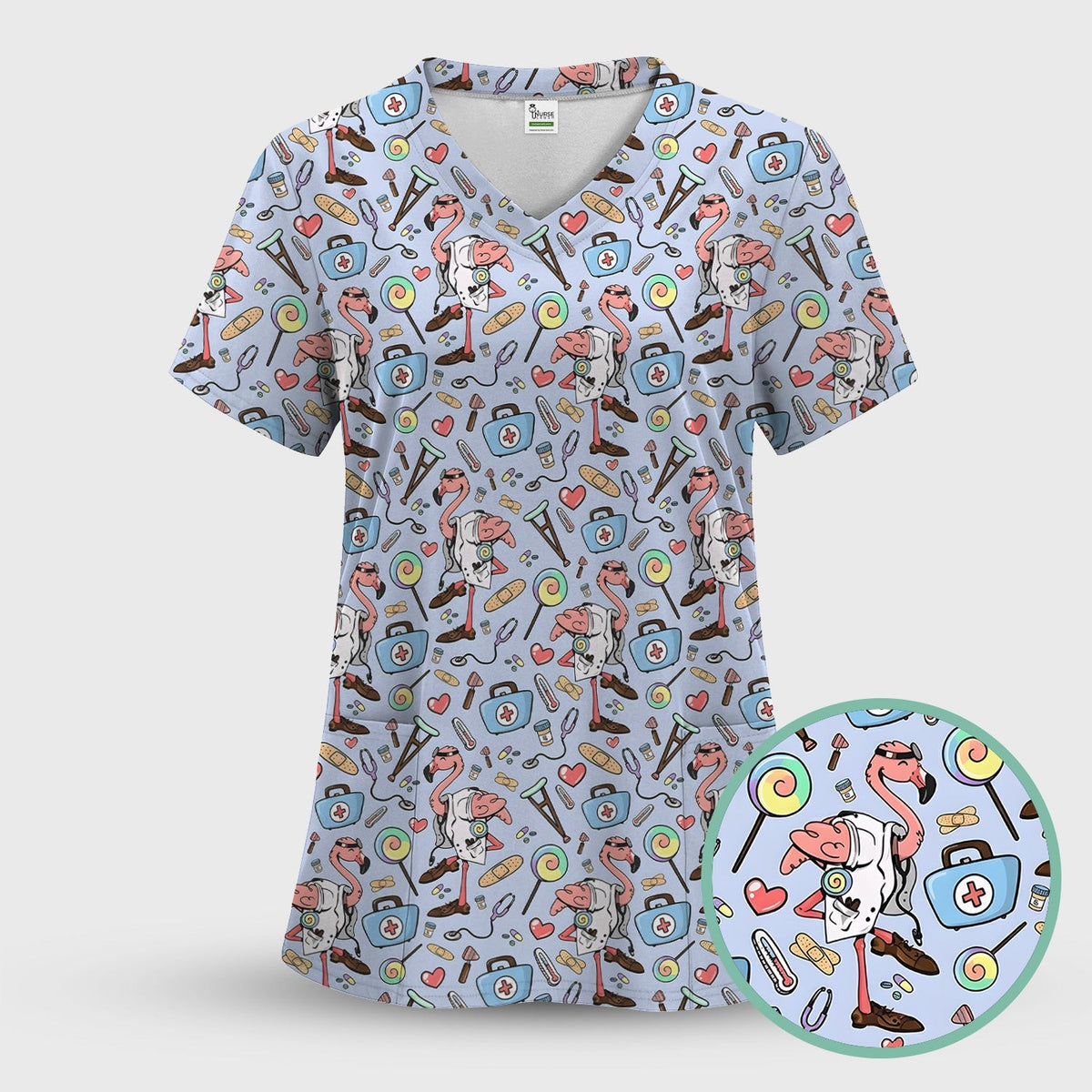 Flamingo Nurse Medical Care Pattern Scrub Top, Comfortable Scrubs for Nurses