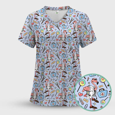 Flamingo Nurse Medical Care Pattern Scrub Top, Comfortable Scrubs for Nurses