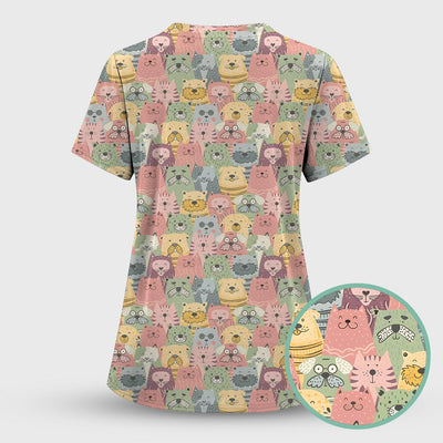 Cartoon Cat & Dog Faces Pattern Scrub Top, Comfortable Scrubs for Nurses