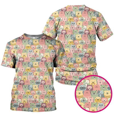 Cartoon Cat & Dog Faces Pattern Scrub Top, Comfortable Scrubs for Nurses